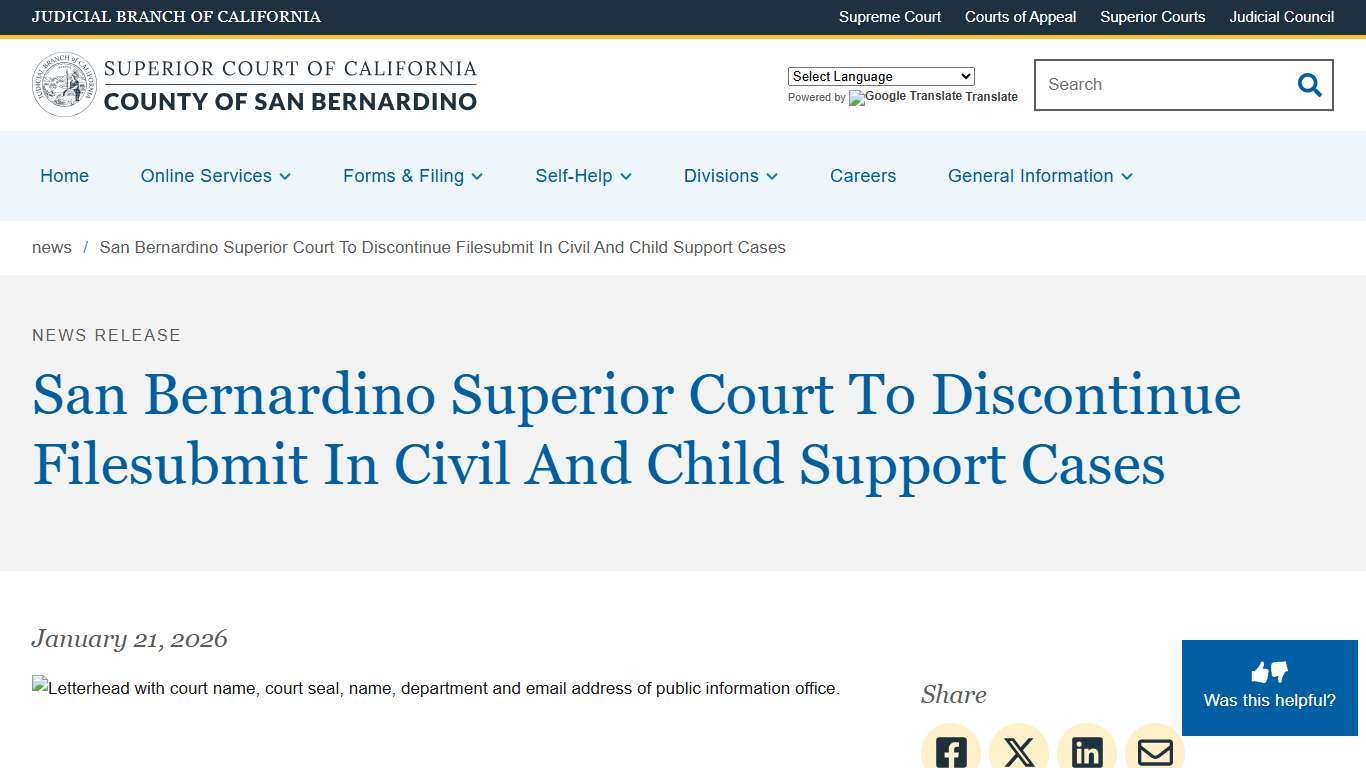 San Bernardino Superior Court To Discontinue Filesubmit In Civil And Child Support Cases Superior Court of California County of San Bernardino