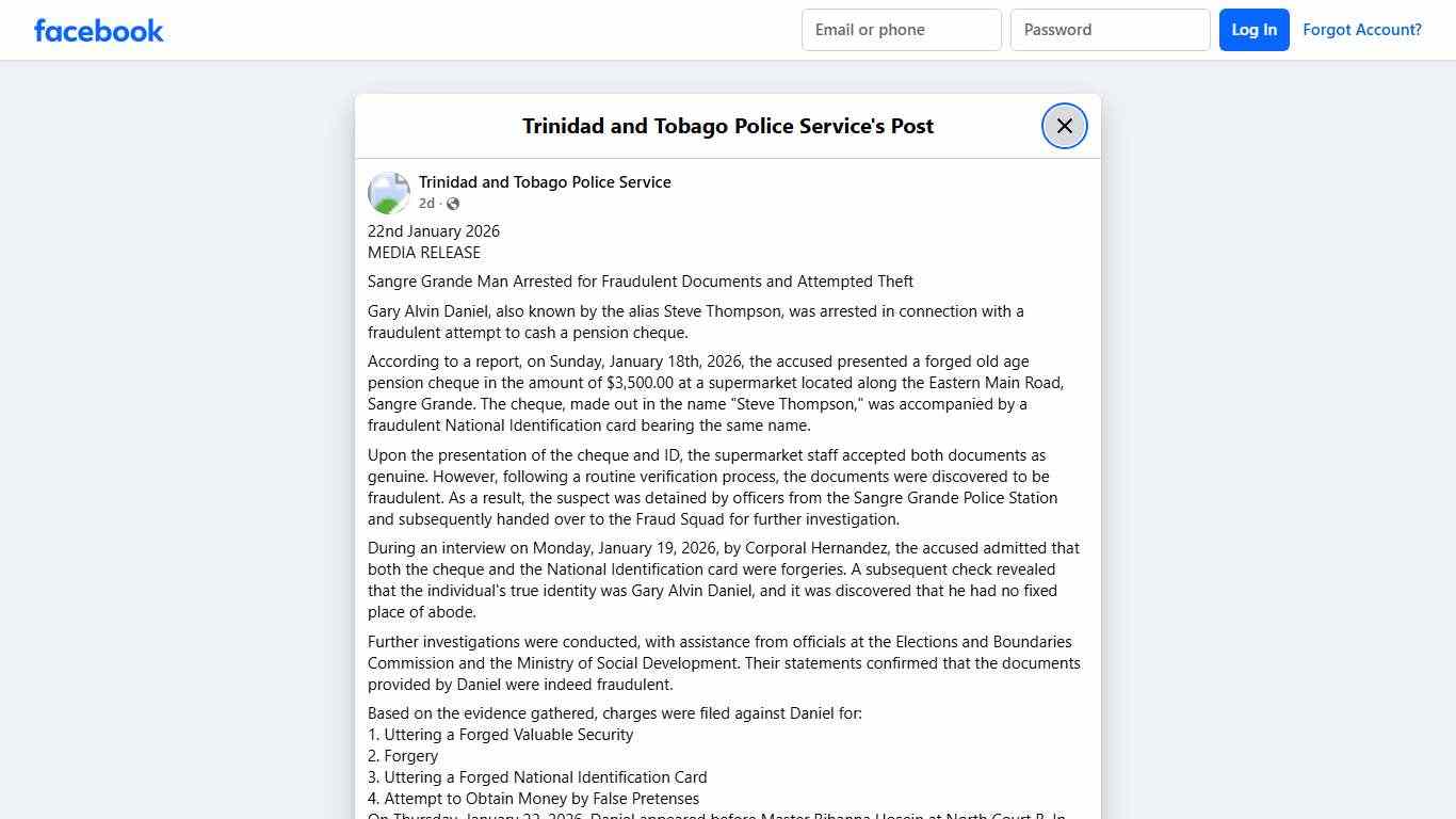 22nd January 2026... - Trinidad and Tobago Police Service Facebook